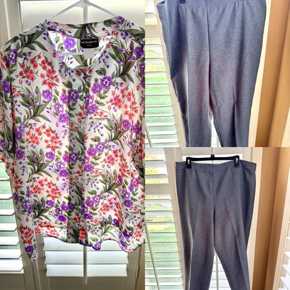Vintage Notations Donnkenny Floral Blouse & Grey Pants Set 22W Made in USA‎